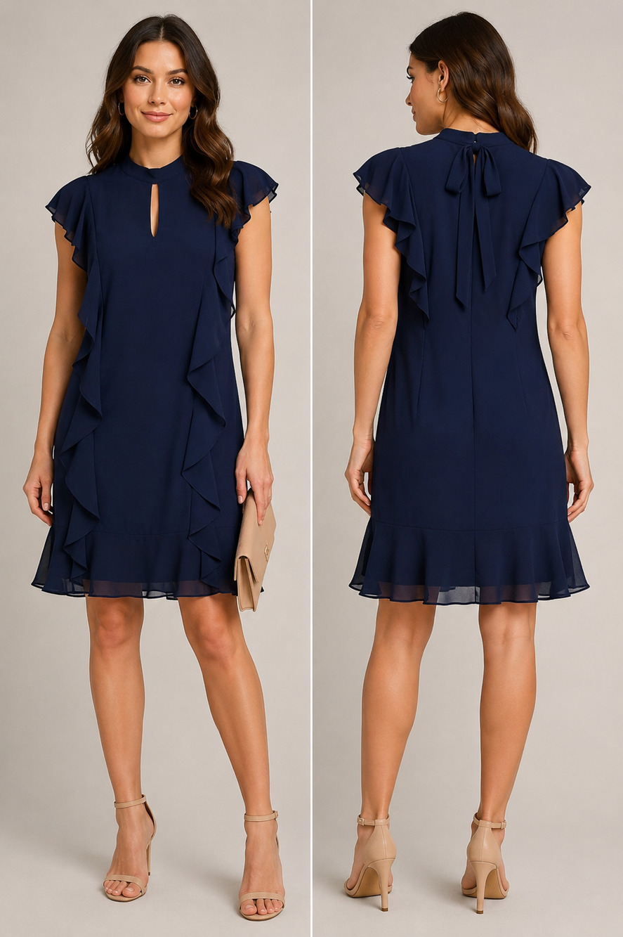 Nanette Lepore Navy Ruffle Shift Dress Flutter Sleeve Keyhole Neck Size 10